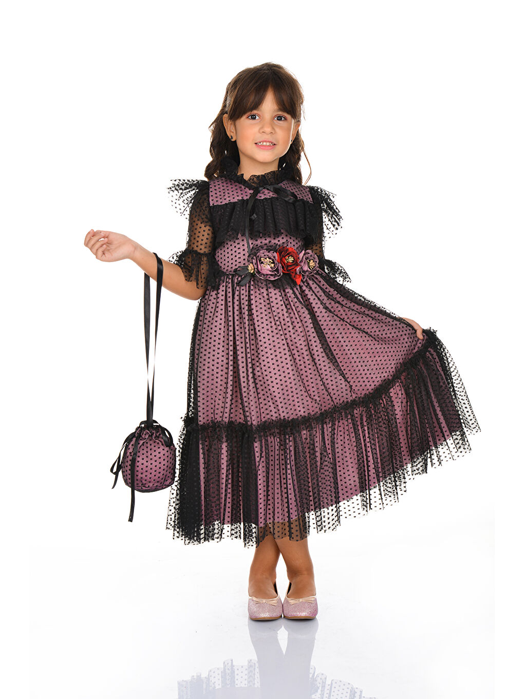 Pembe Dantel Vintage Çantalı Elbise MNKA248