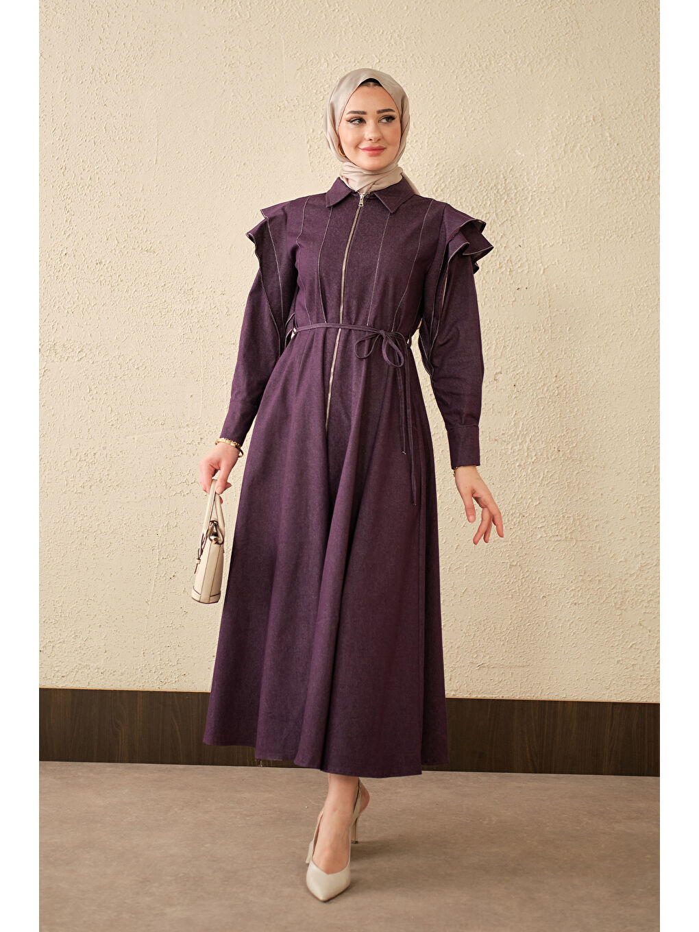 Kadın Dikiş Detay Omuz Büzgülü Jean Elbise Mor-2