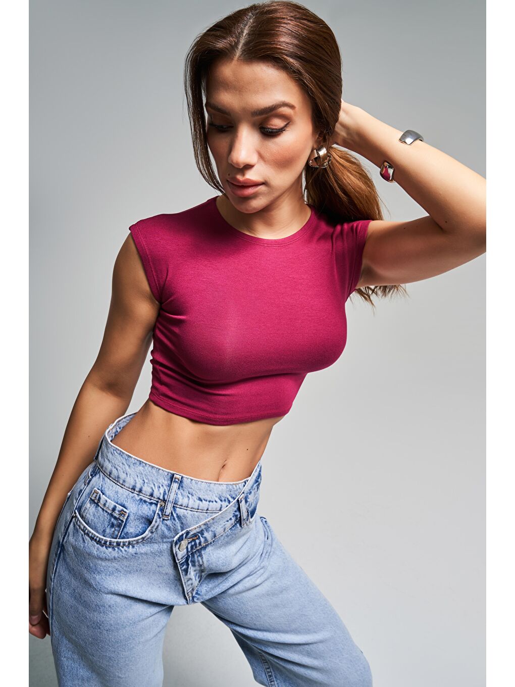 Kadın Bordo Renk S5-35 Süper Esnek Kumaş %100 Pamuk Crop Fit Body-3