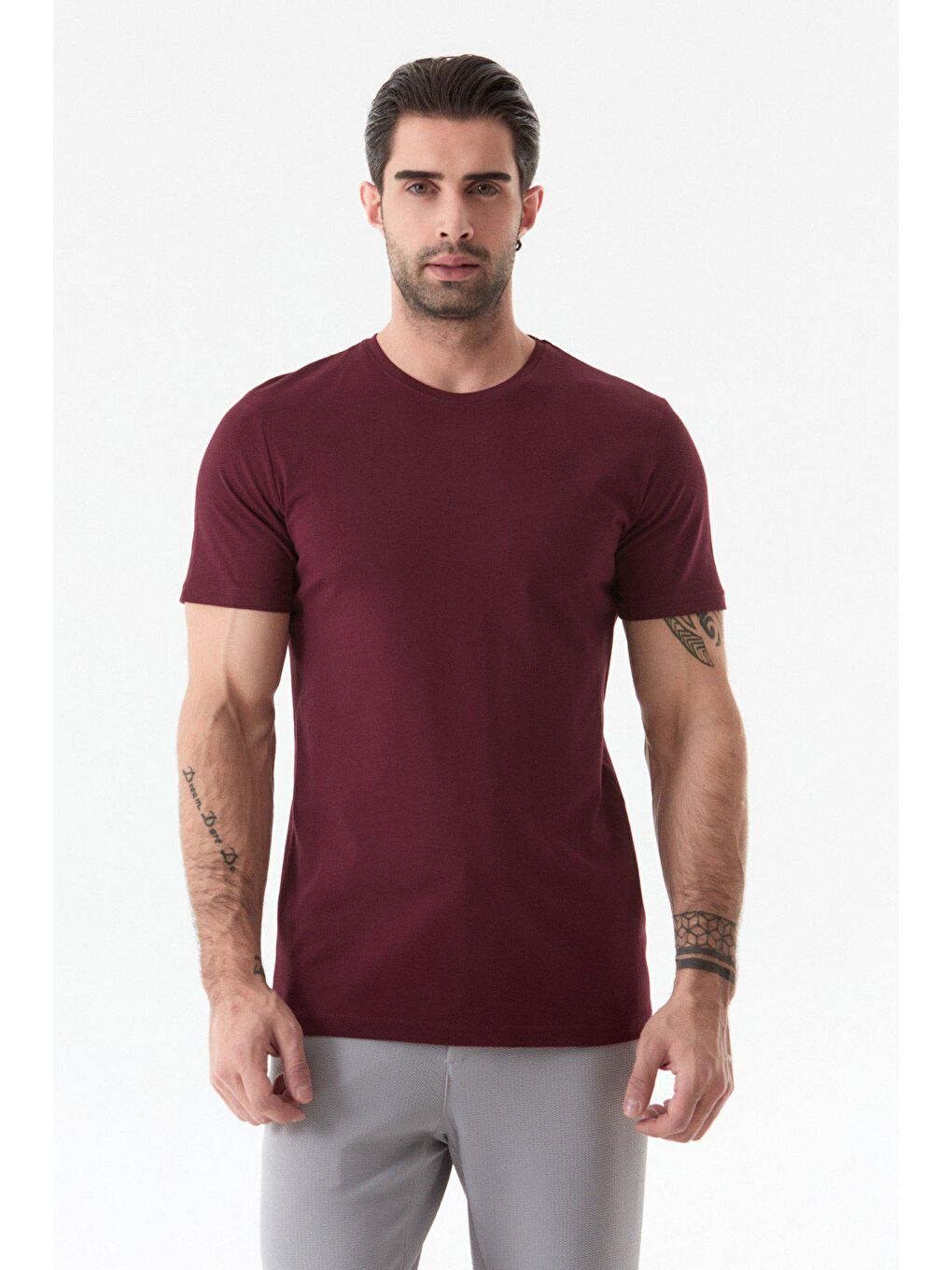 Bordo Basic Bisiklet Yaka Tişört-2