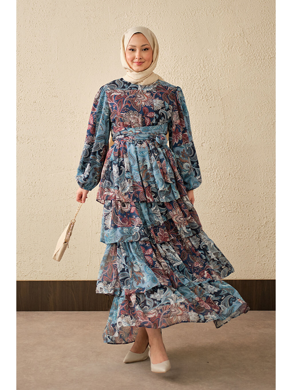 Kadın Etnik Desen Bel Bağlamalı Elbise Mavi-2