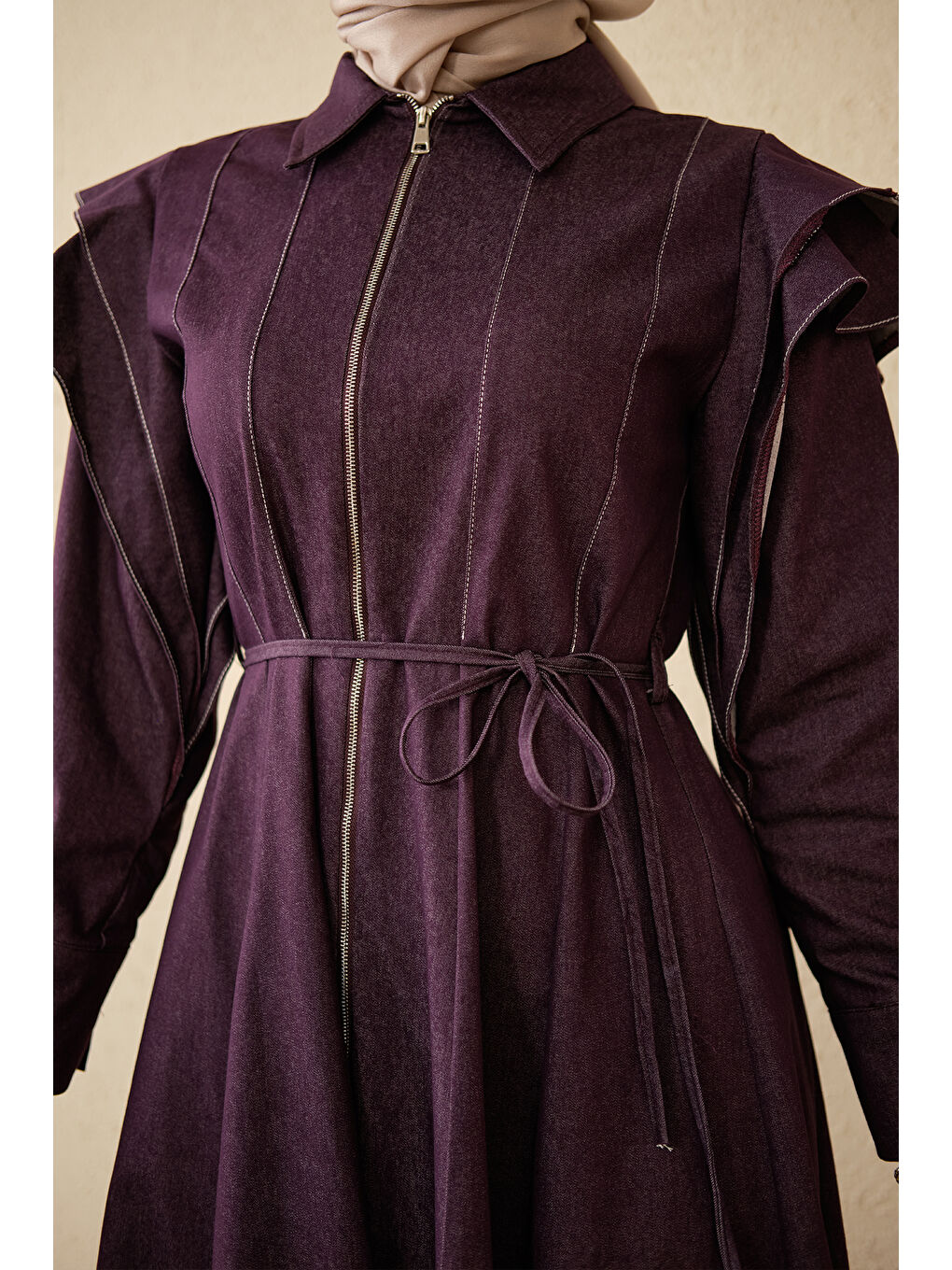 Kadın Dikiş Detay Omuz Büzgülü Jean Elbise Mor-3