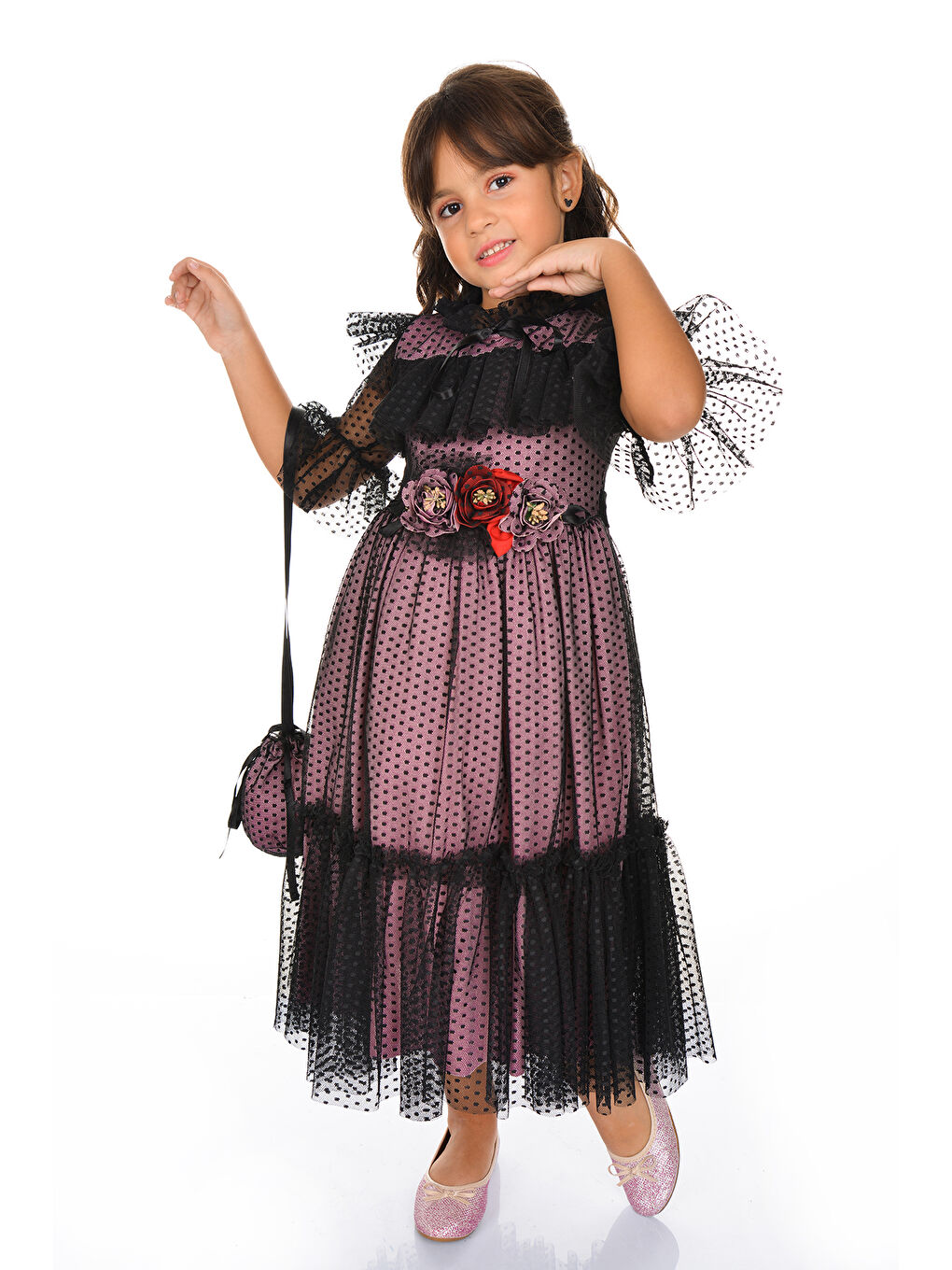 Pembe Dantel Vintage Çantalı Elbise MNKA248-3