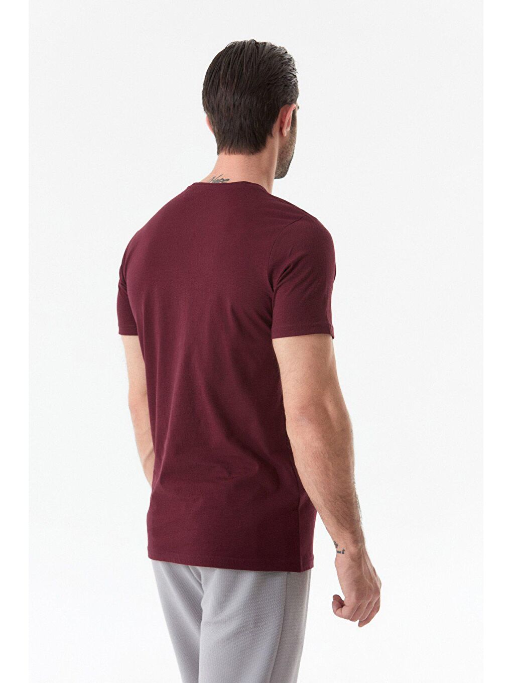 Bordo Basic Bisiklet Yaka Tişört-3