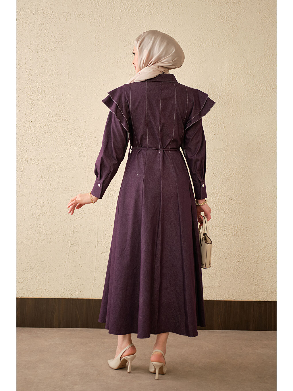 Kadın Dikiş Detay Omuz Büzgülü Jean Elbise Mor-4