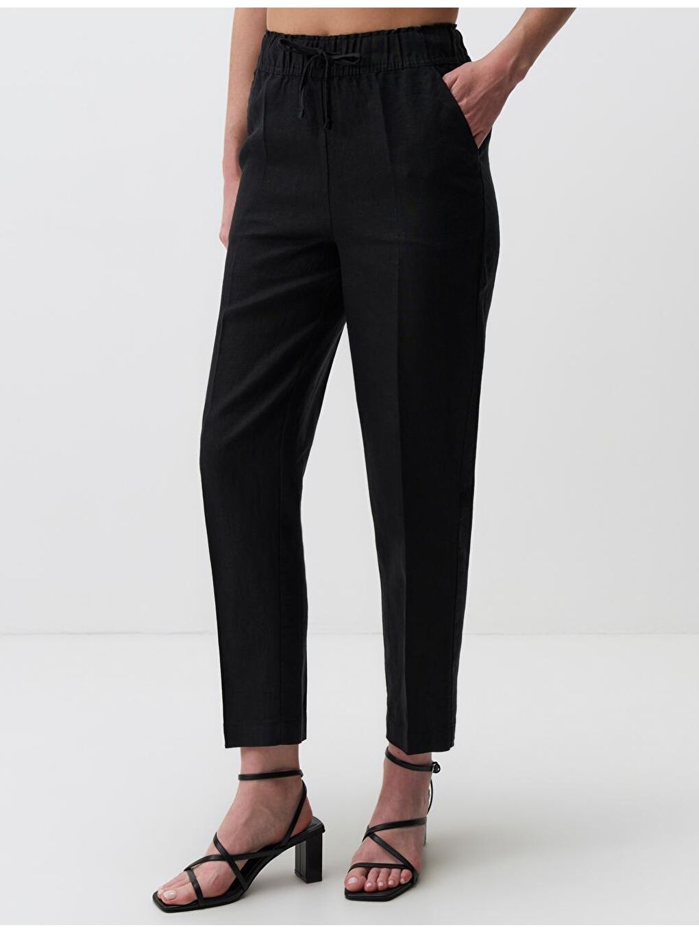 Siyah Yüksek Bel Belden Bağlamalı Keten Pantolon-3