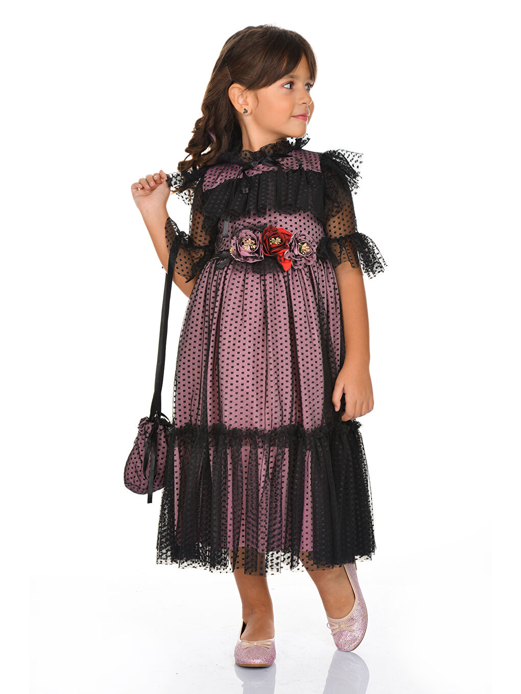 Pembe Dantel Vintage Çantalı Elbise MNKA248-5