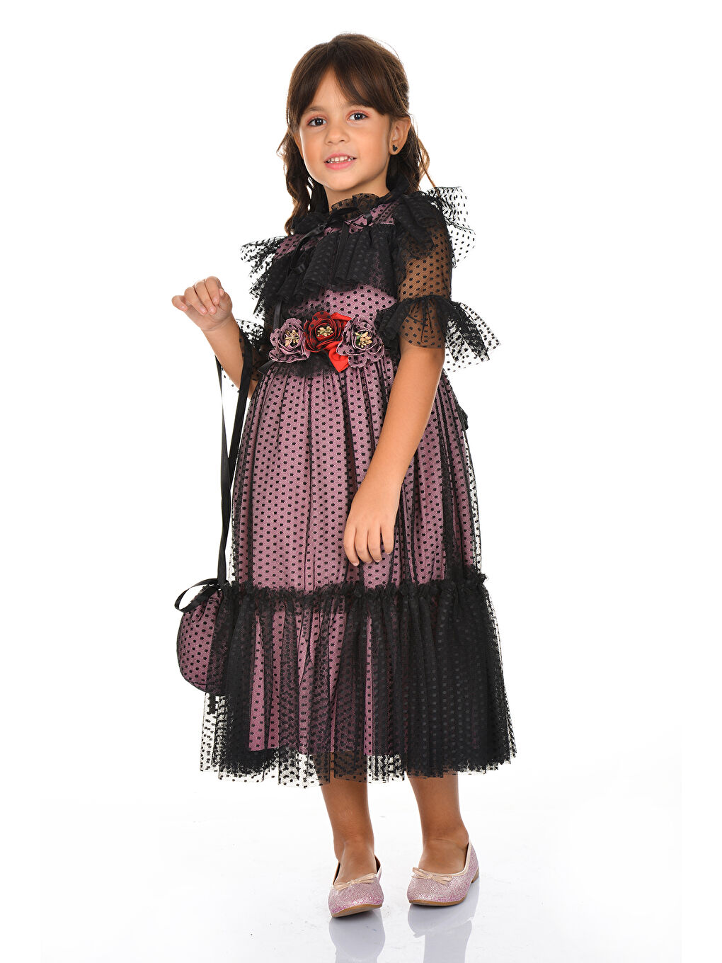 Pembe Dantel Vintage Çantalı Elbise MNKA248-6