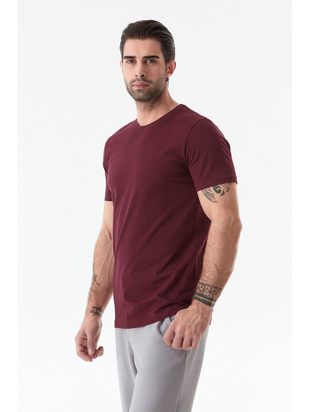 Bordo Basic Bisiklet Yaka Tişört-4