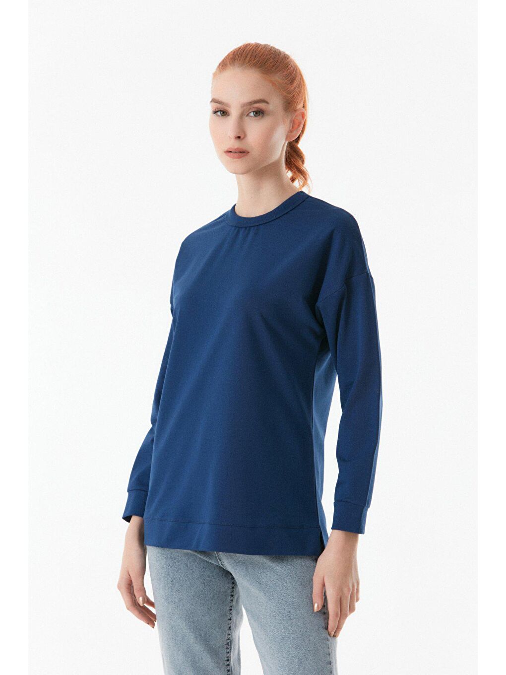 Fullamoda İndigo Basic Bisiklet Yaka Sweatshirt