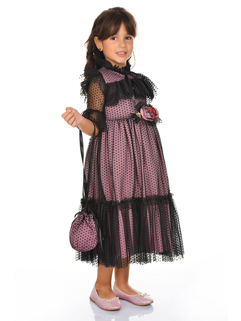 Pembe Dantel Vintage Çantalı Elbise MNKA248-8