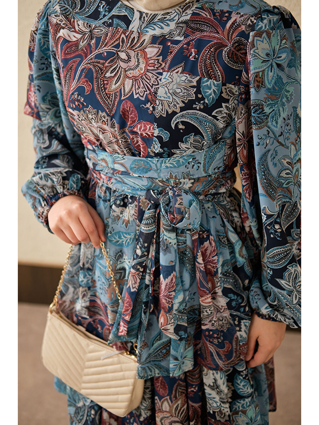 Kadın Etnik Desen Bel Bağlamalı Elbise Mavi-4