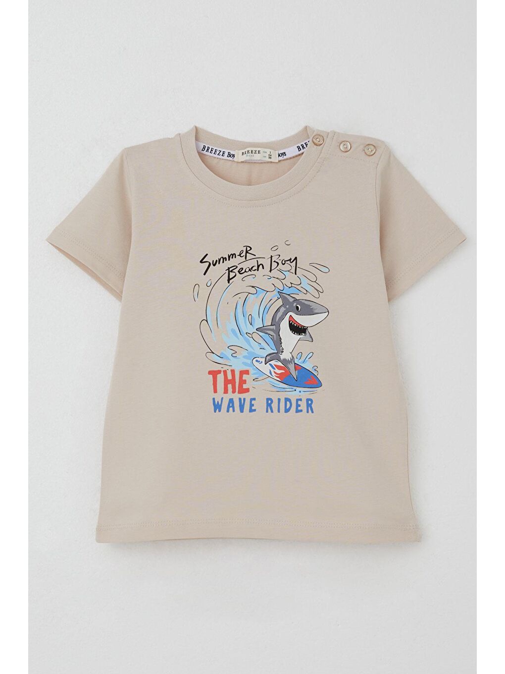 Erkek Çocuk Tişört Sörfçü Sevimli Köpek Balığı Baskılı Bej (1.5-5 Yaş)