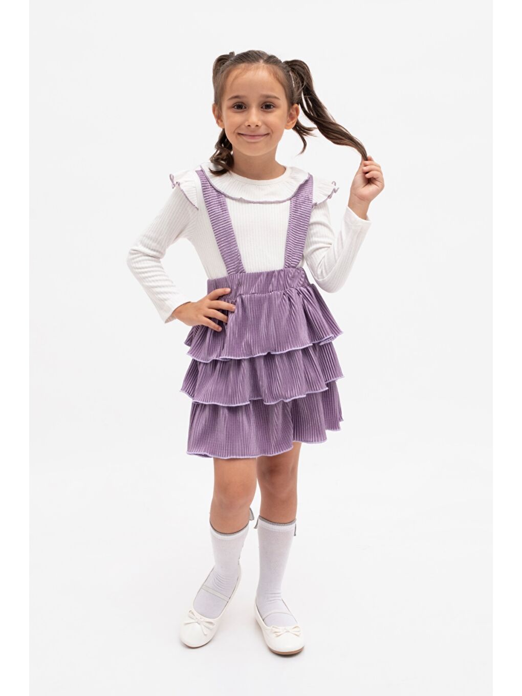 Lila Kadife Salopet Askılı Kız Etekli Takım MNK2147