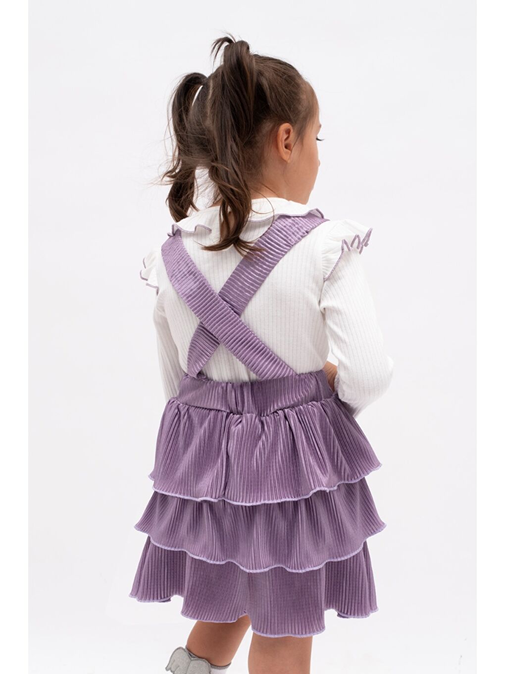 Lila Kadife Salopet Askılı Kız Etekli Takım MNK2147-4