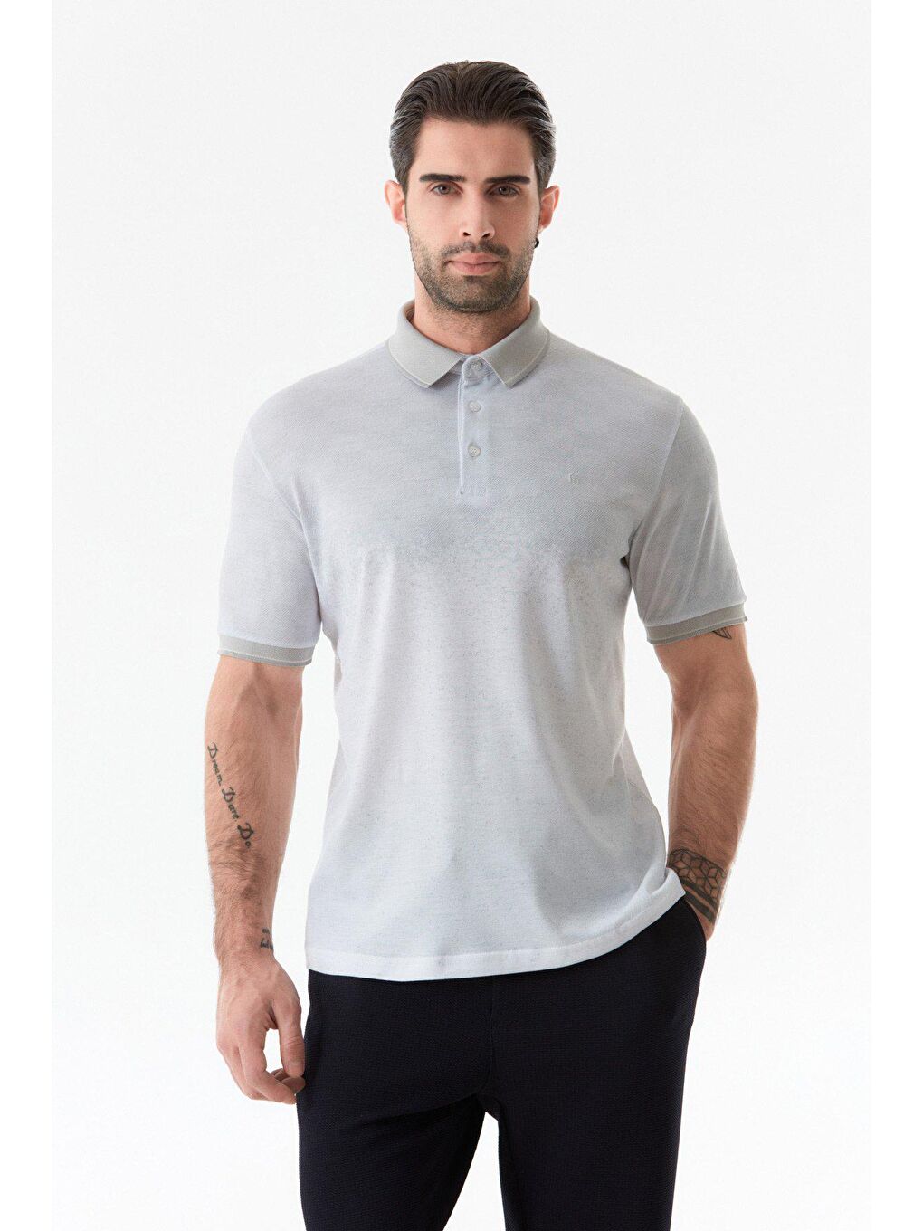 Gri Baskılı Polo Yaka Tişört-4