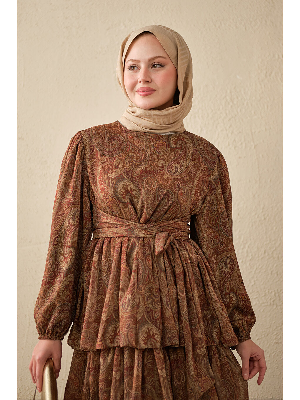 Kadın Etnik Desen Arkadan Bağlamalı Elbise Kahverengi-1