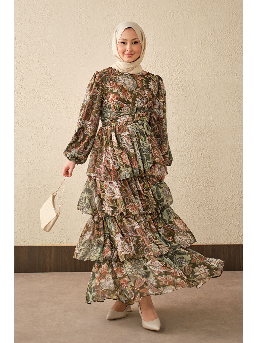 Kadın Etnik Desen Bel Bağlamalı Elbise Haki Yeşil