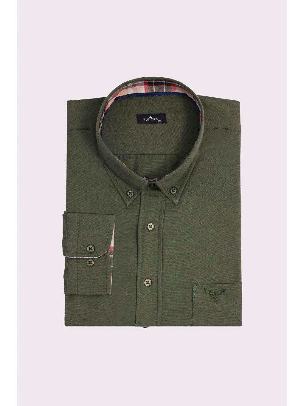 Erkek Big Size Büyük Beden Uzun Kollu Pamuklu Oxford Doku Tek Cepli Yeşil Düğmeli Yaka Gömlek