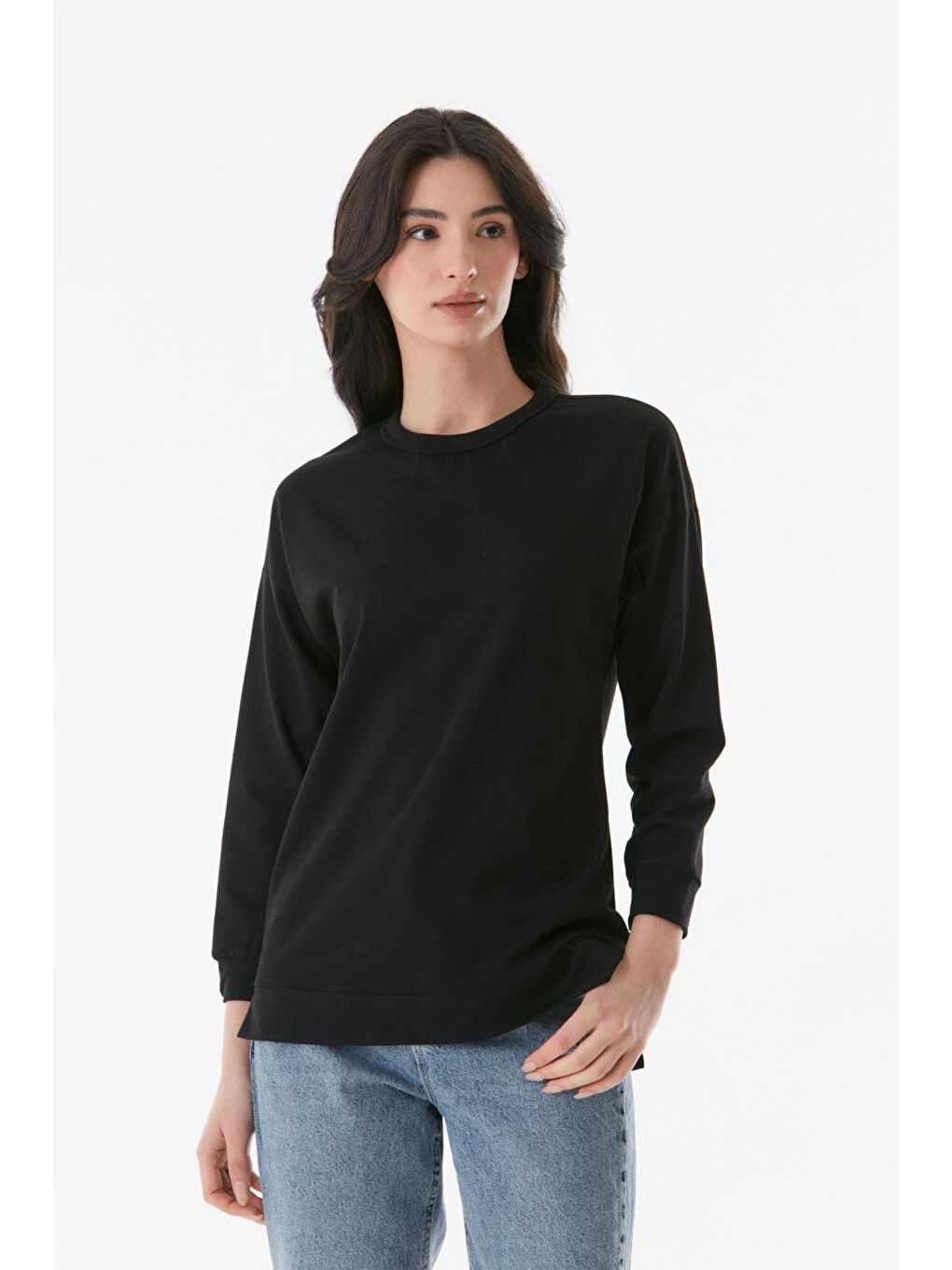 Siyah Basic Bisiklet Yaka Sweatshirt