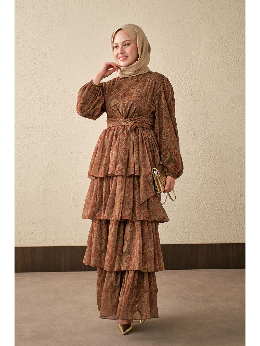 Kadın Etnik Desen Arkadan Bağlamalı Elbise Kahverengi-2