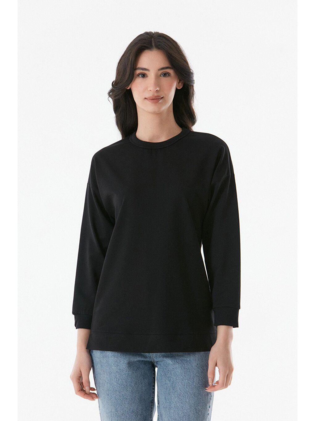 Siyah Basic Bisiklet Yaka Sweatshirt-1
