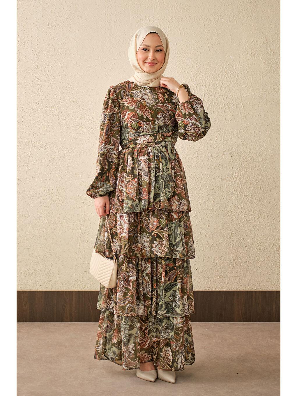 Kadın Etnik Desen Bel Bağlamalı Elbise Haki Yeşil-1