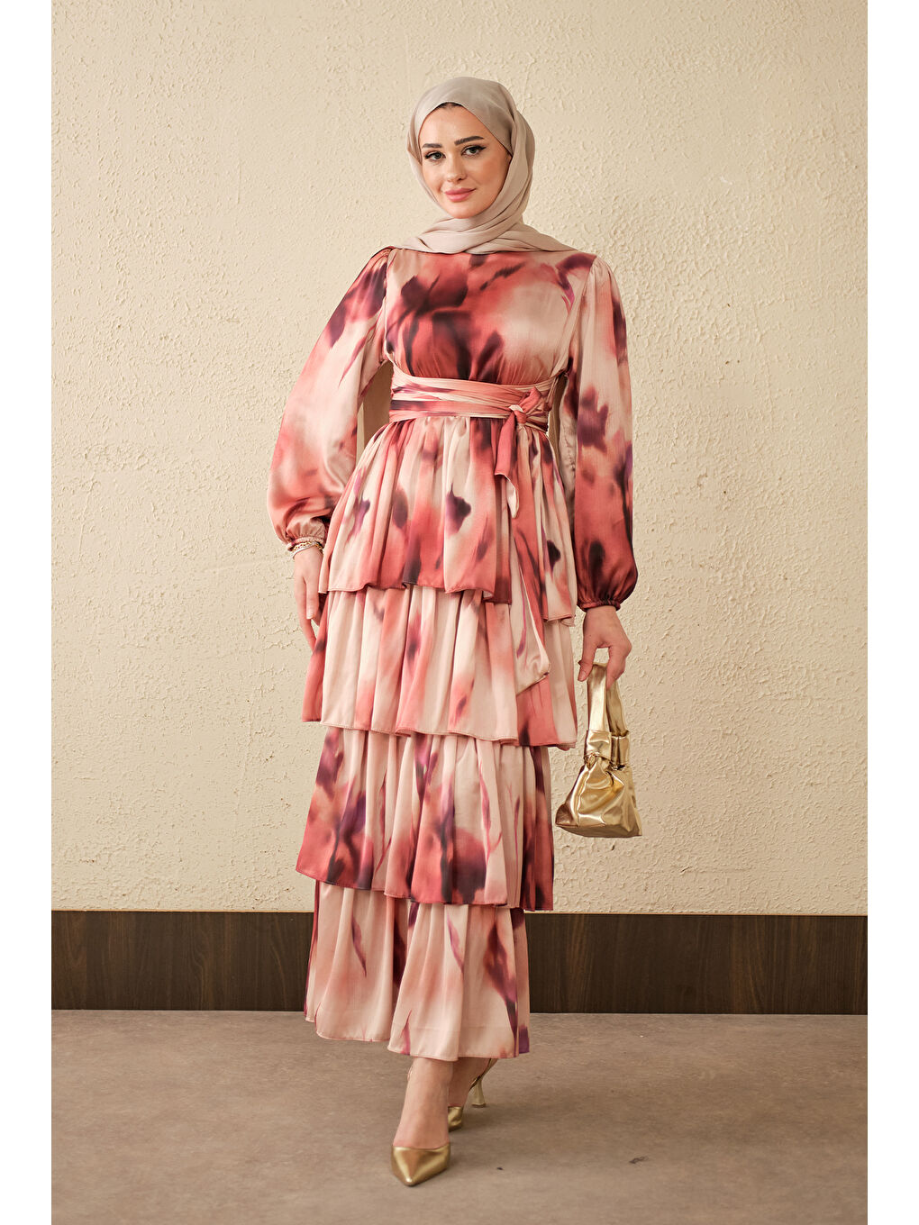 Kahverengi Kadın Etnik Desen Arkadan Bağlamalı Elbise Kiremit