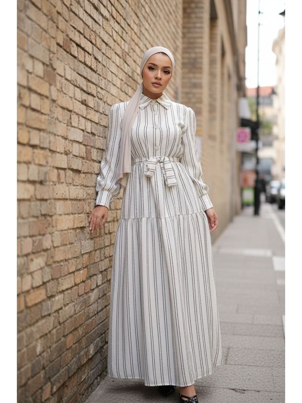 Siyah Kadın Düğmeli Salaş Çizgili Beyaz Uzun Elbise-2