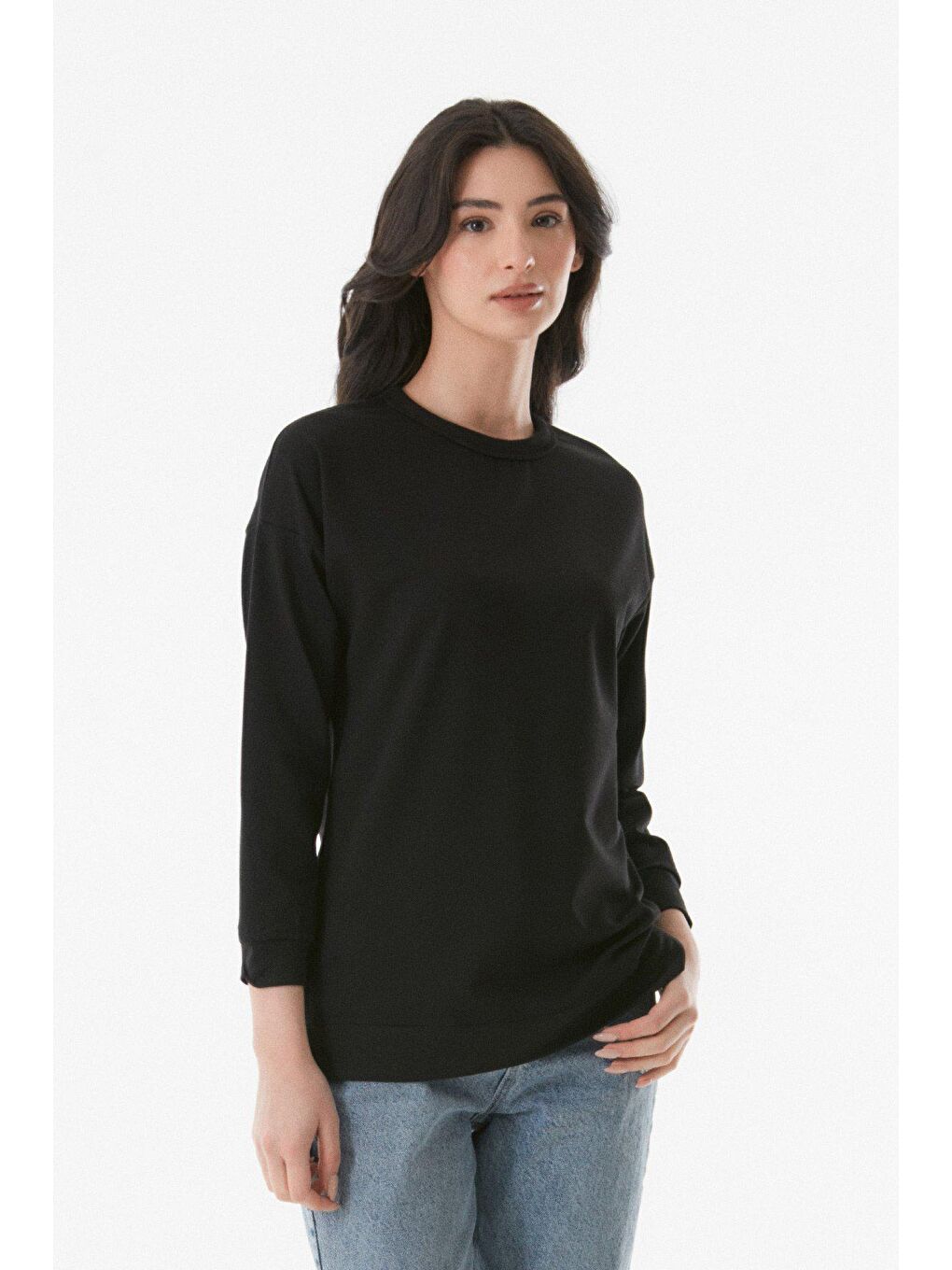 Siyah Basic Bisiklet Yaka Sweatshirt-2
