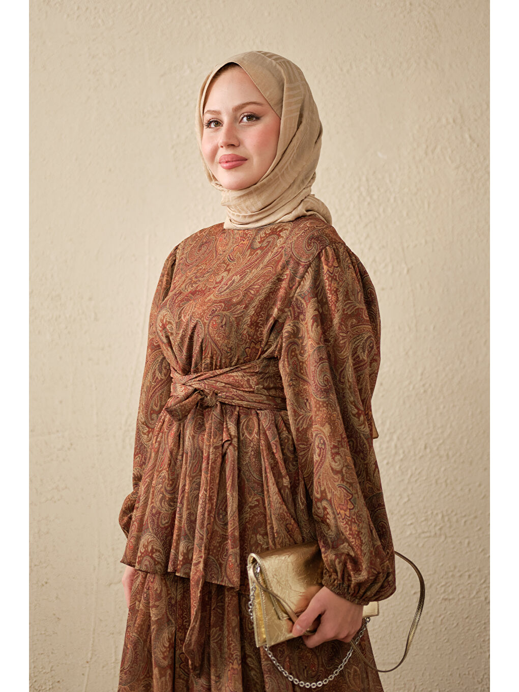 Kadın Etnik Desen Arkadan Bağlamalı Elbise Kahverengi-3