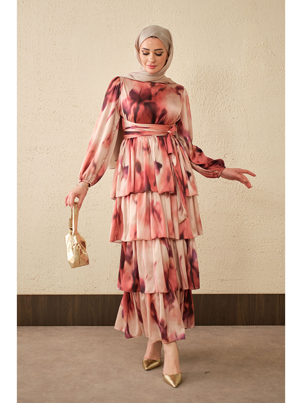 Kahverengi Kadın Etnik Desen Arkadan Bağlamalı Elbise Kiremit-1