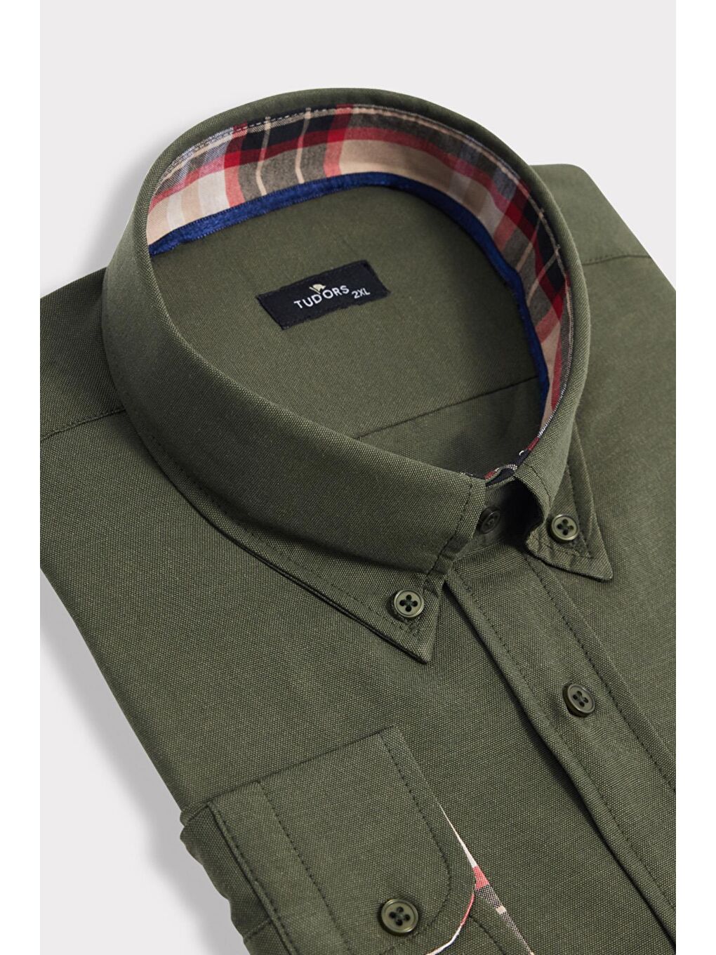 Erkek Big Size Büyük Beden Uzun Kollu Pamuklu Oxford Doku Tek Cepli Yeşil Düğmeli Yaka Gömlek-1