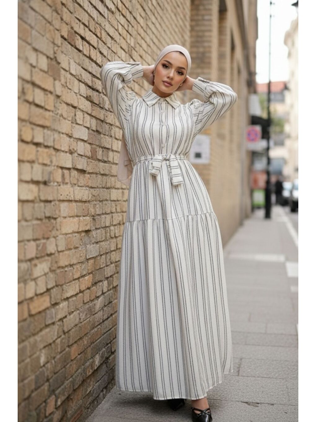 Siyah Kadın Düğmeli Salaş Çizgili Beyaz Uzun Elbise-3