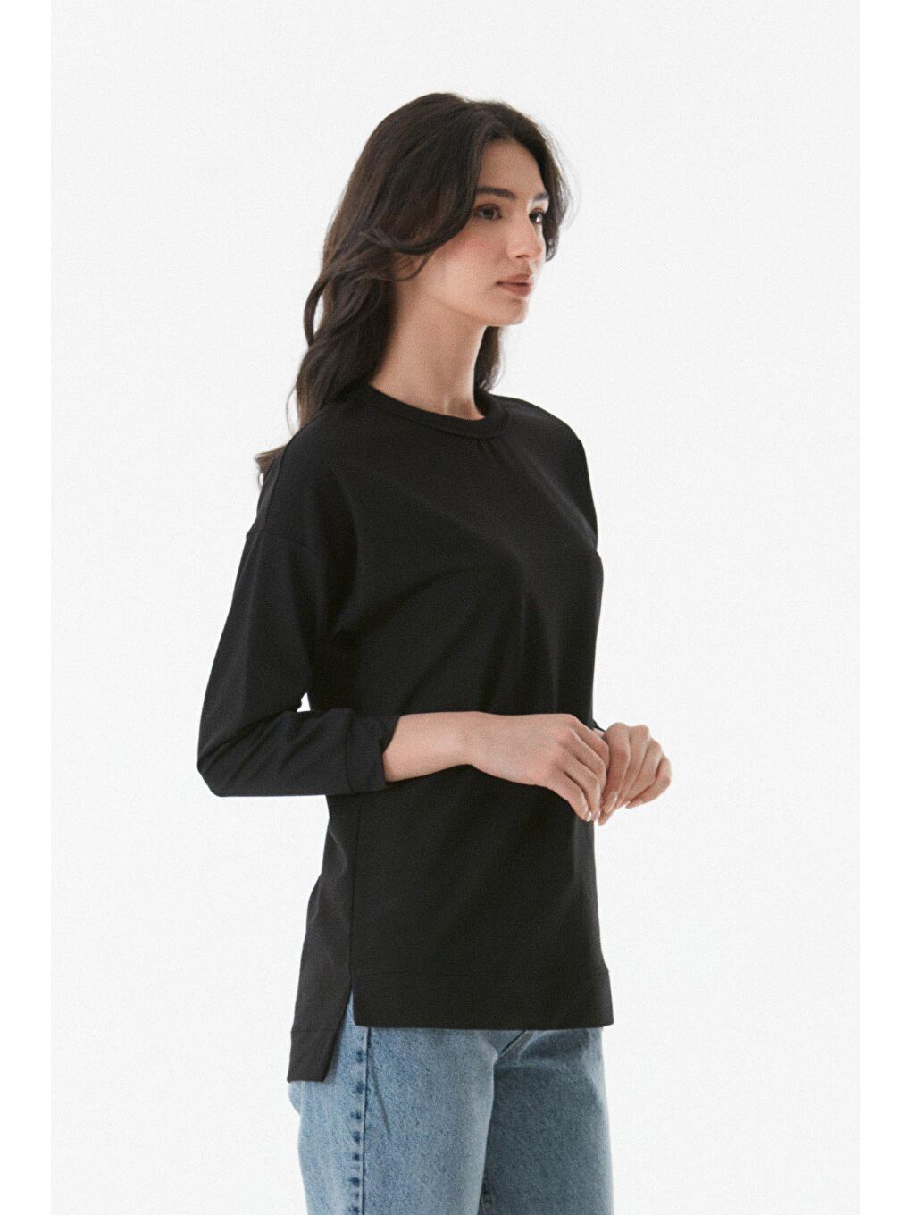 Siyah Basic Bisiklet Yaka Sweatshirt-3