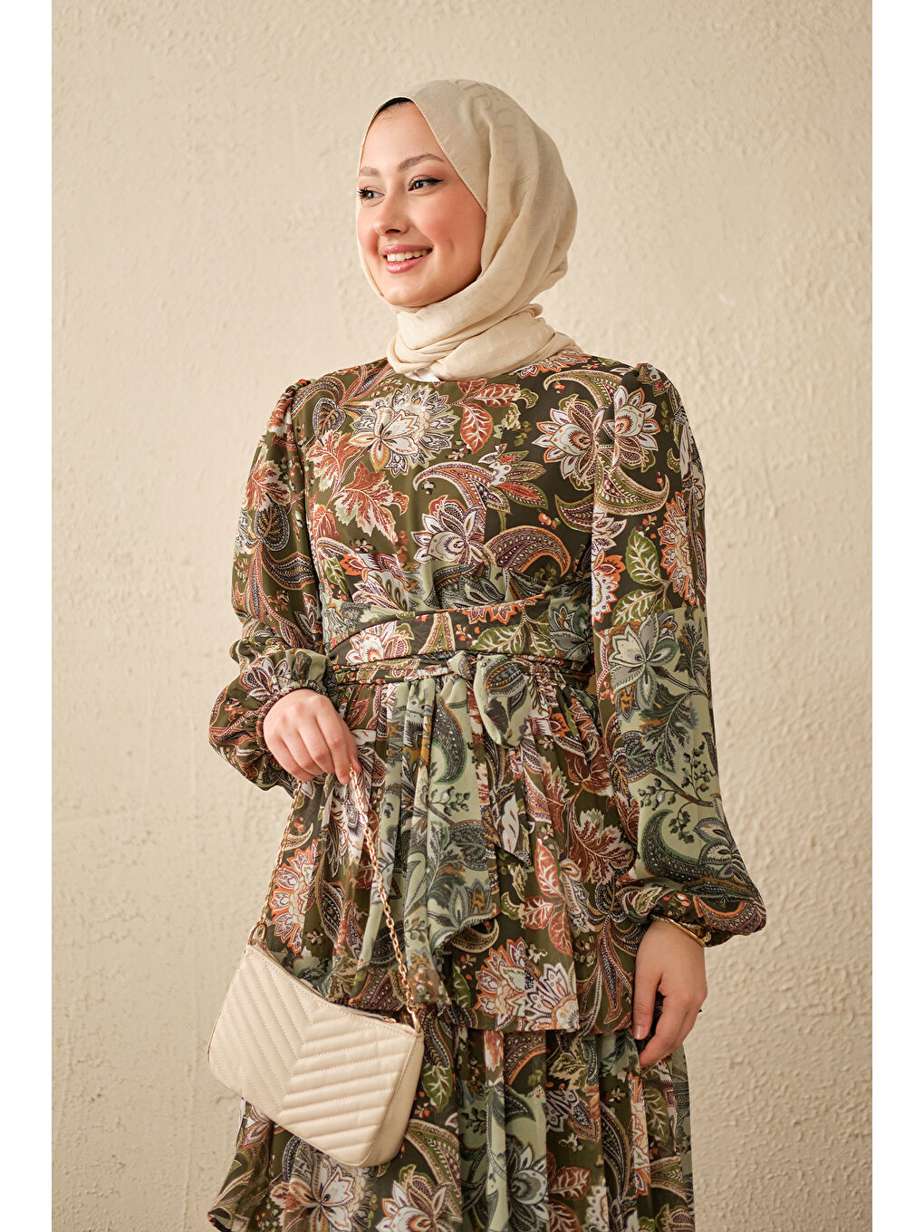 Kadın Etnik Desen Bel Bağlamalı Elbise Haki Yeşil-2