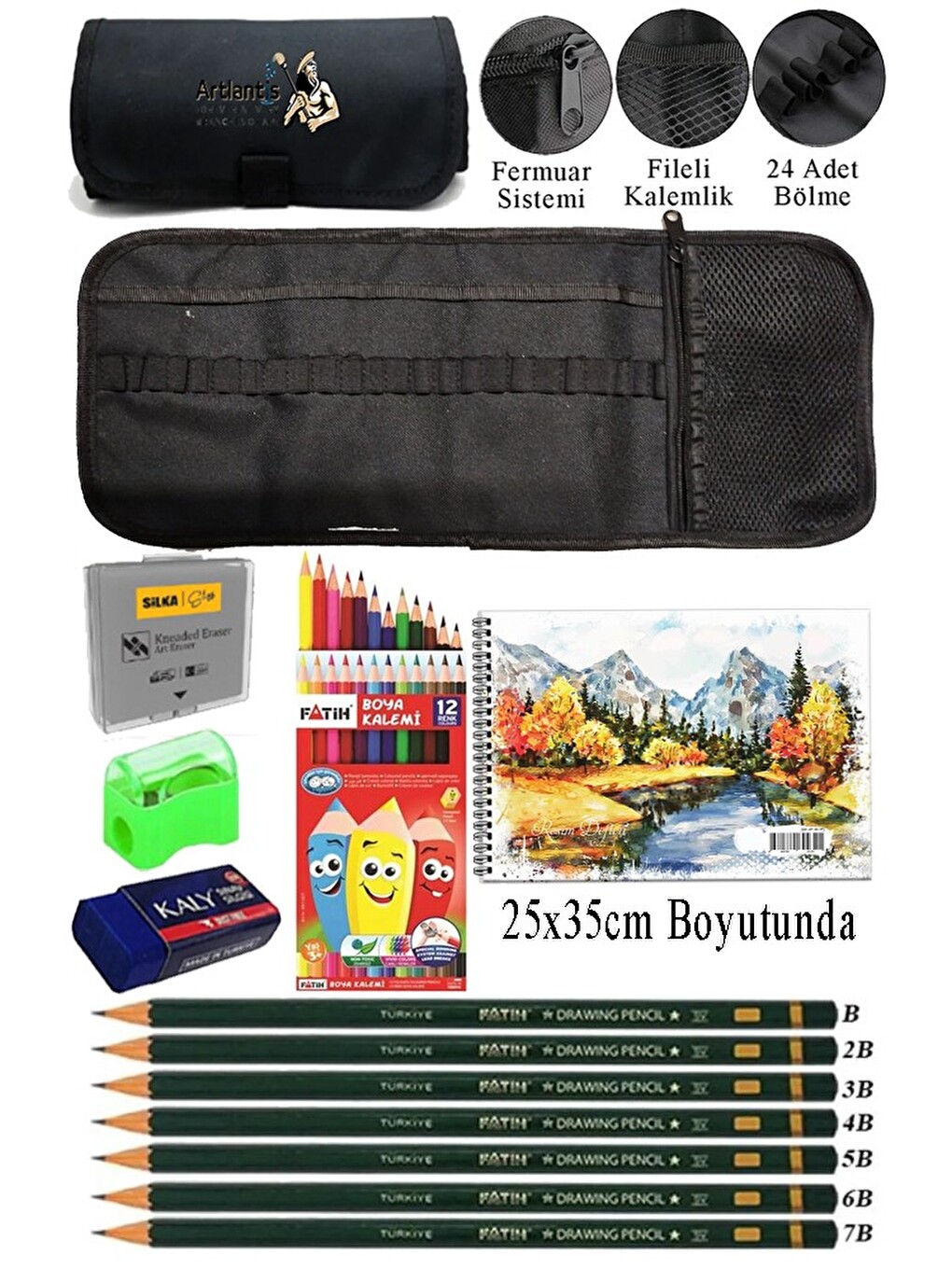 Resim Defteri 25x35 Cm 12 Renk Kuru Boya Dereceli Kurşun Kalem Rulo Kalemlik 24 Bölmeli Hamur Silgi
