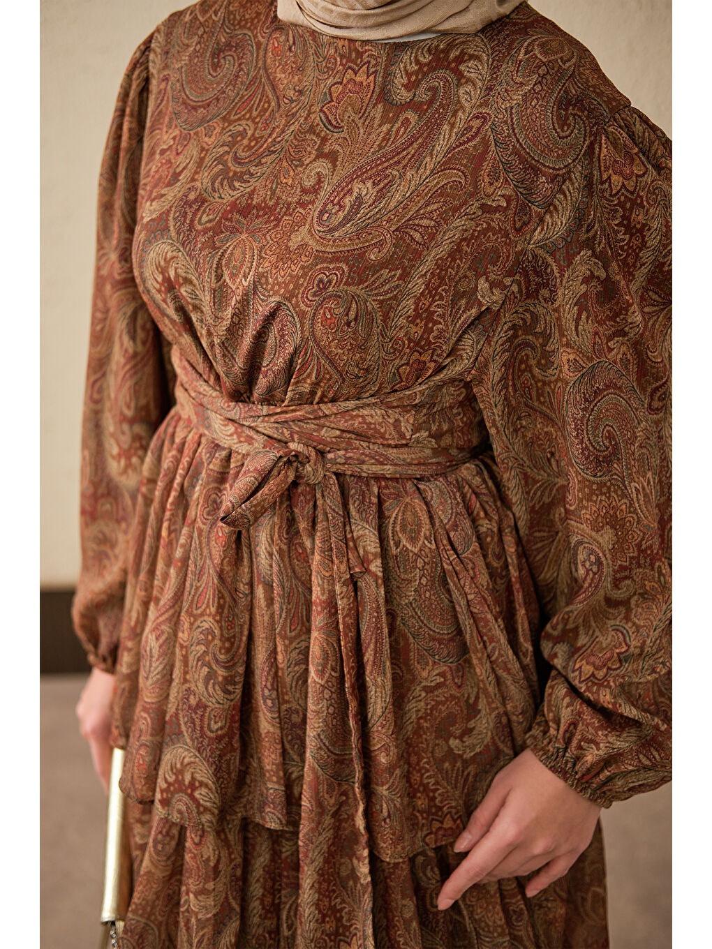 Kadın Etnik Desen Arkadan Bağlamalı Elbise Kahverengi-4