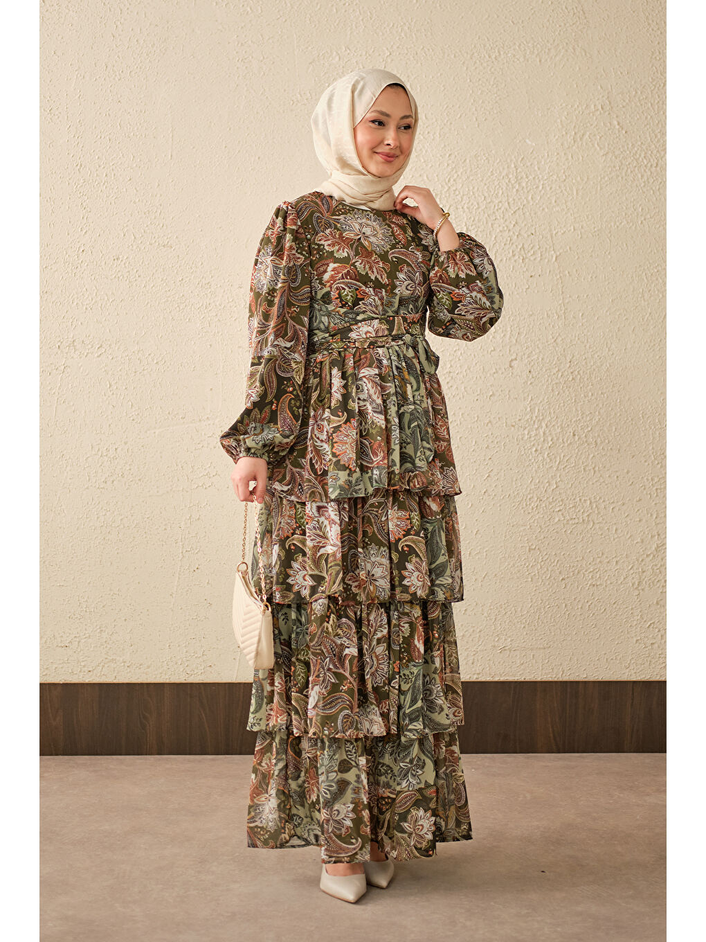 Kadın Etnik Desen Bel Bağlamalı Elbise Haki Yeşil-3