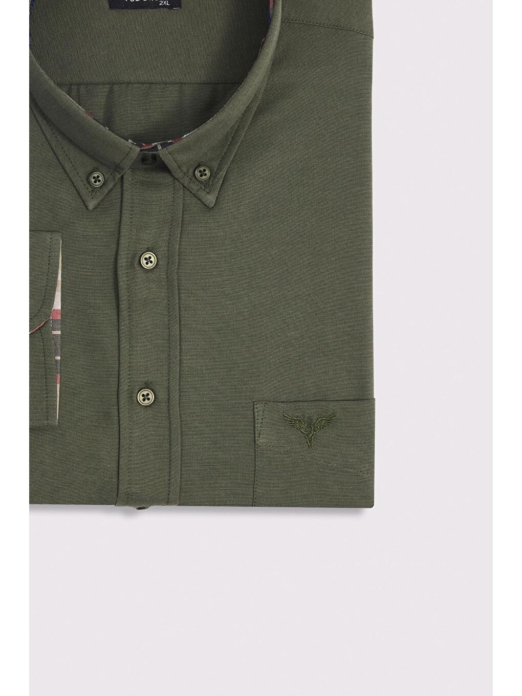 Erkek Big Size Büyük Beden Uzun Kollu Pamuklu Oxford Doku Tek Cepli Yeşil Düğmeli Yaka Gömlek-2