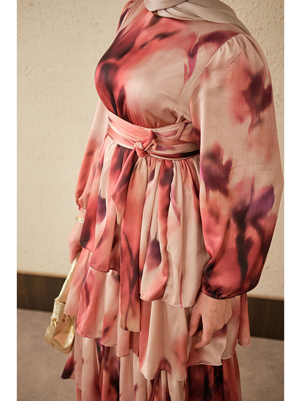 Kahverengi Kadın Etnik Desen Arkadan Bağlamalı Elbise Kiremit-3