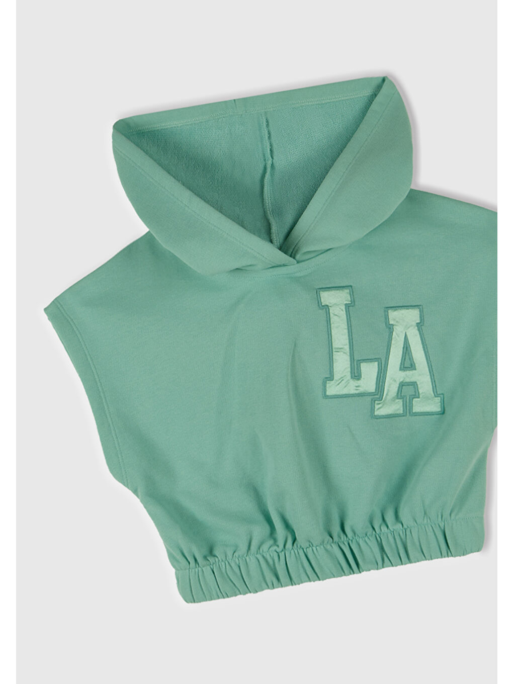 Turkuaz Kız Çocuk Su Yeşili Önü Aplikeli Nakış Detaylı Kolsuz Kapüşonlu Sweatshirt-1