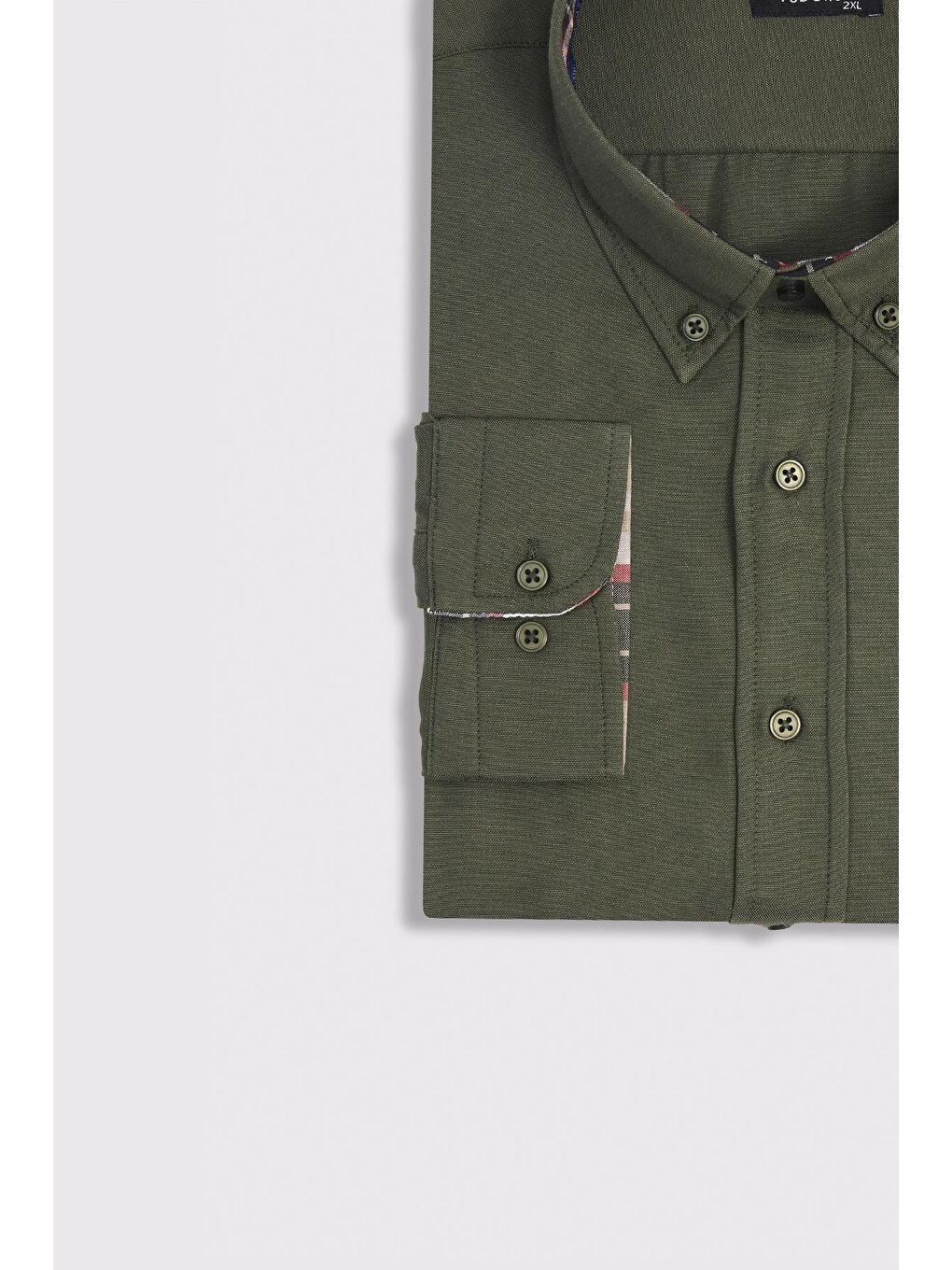 Erkek Big Size Büyük Beden Uzun Kollu Pamuklu Oxford Doku Tek Cepli Yeşil Düğmeli Yaka Gömlek-3