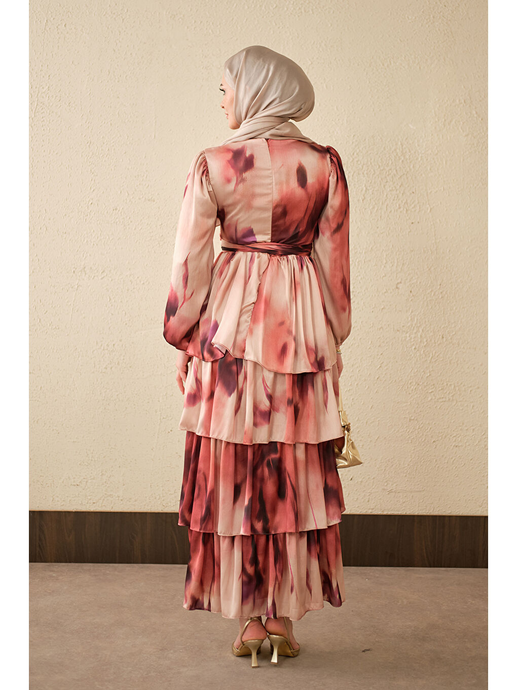 Kahverengi Kadın Etnik Desen Arkadan Bağlamalı Elbise Kiremit-4