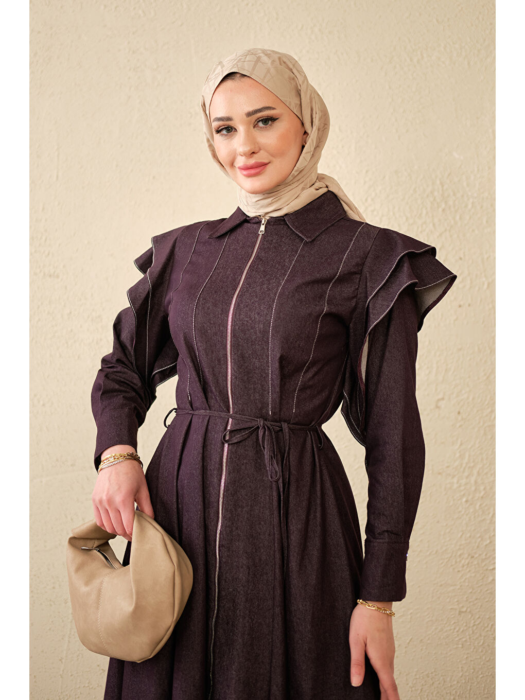 Kadın Dikiş Detay Omuz Büzgülü Jean Elbise Mürdüm-1