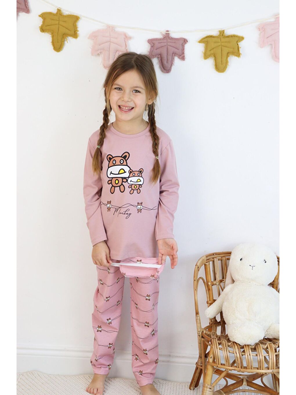 Gri Kız Çocuk Baskılı Göz Bantlı Pijama Takımı