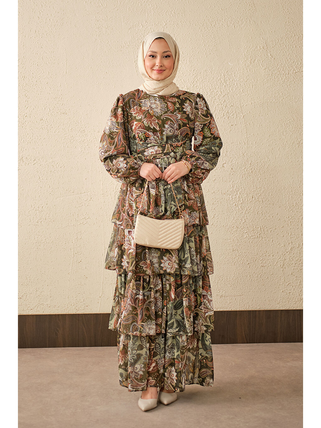 Kadın Etnik Desen Bel Bağlamalı Elbise Haki Yeşil-4