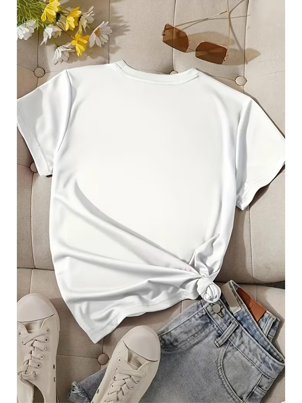 Beyaz La El İşareti Ön Baskılı Sokak Modası Unisex T-shirt-1