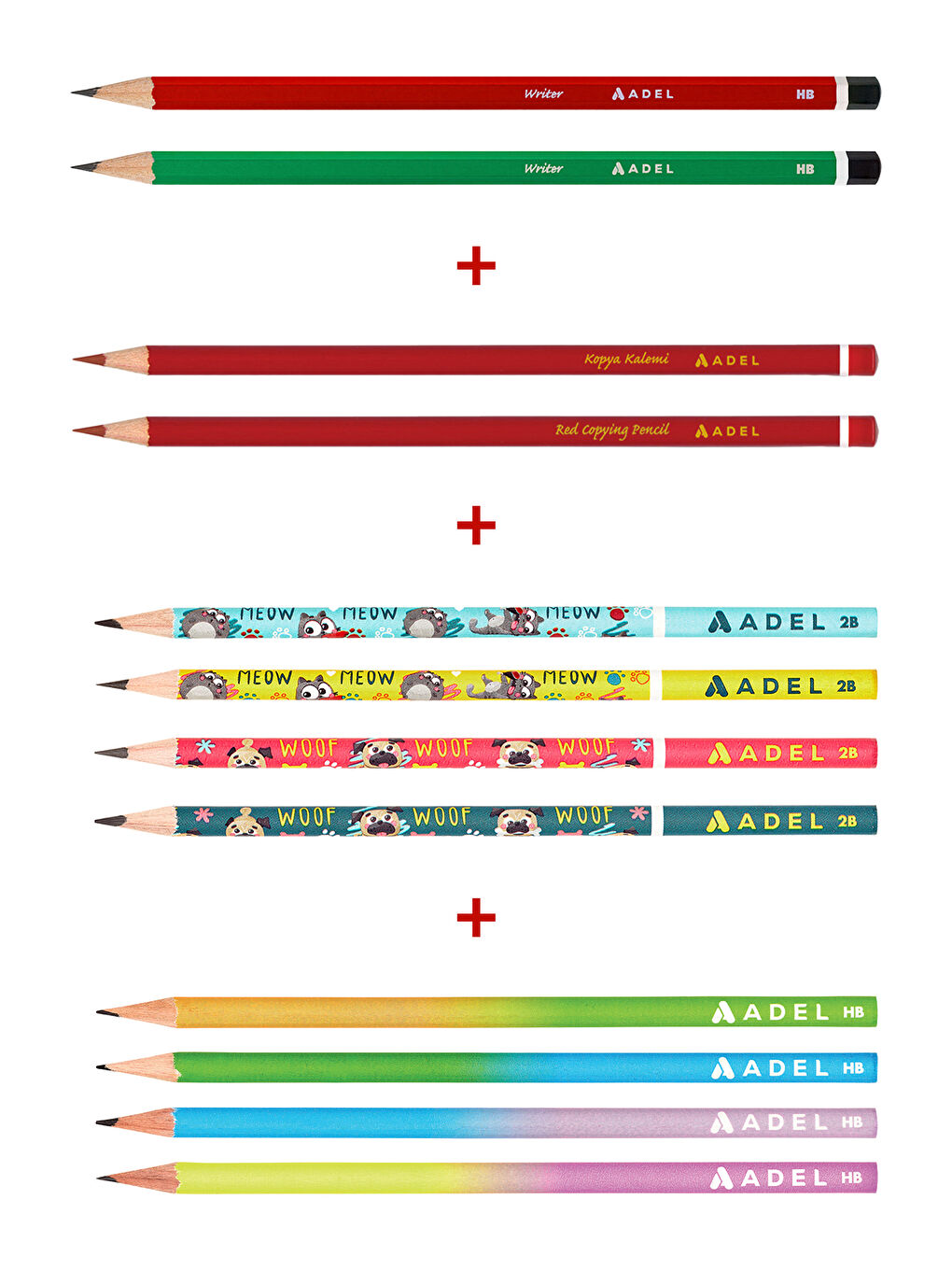 Karışık Kurşun Kalem 12’li Set,Kırmızı Kalem,Mercanlı Kurşun Kalem,Pastel ve Hayvan Desenli Kalemler