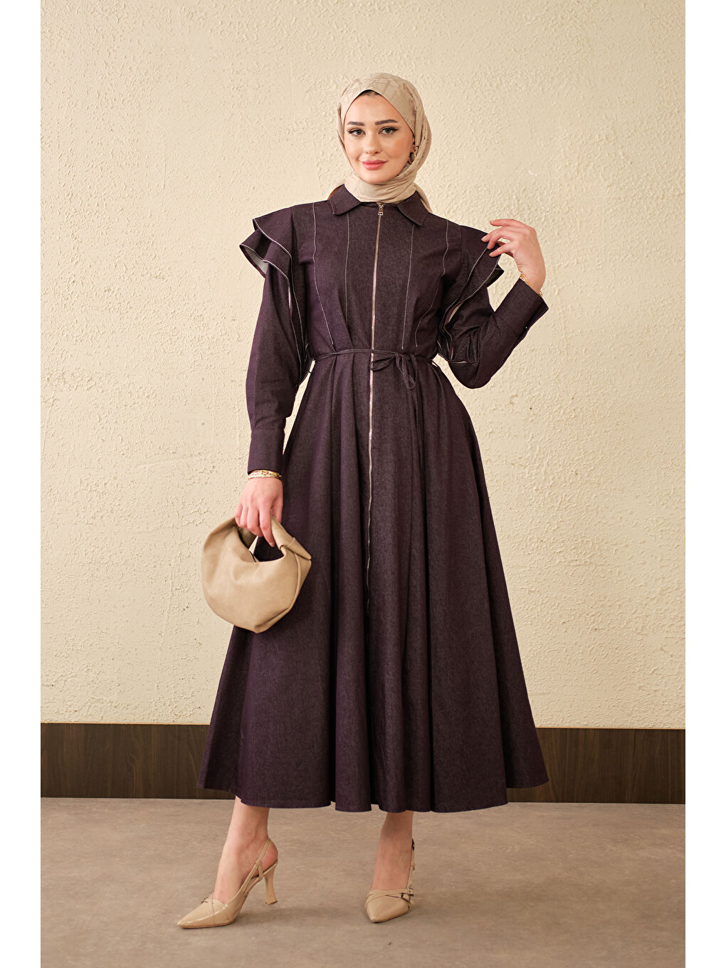 Kadın Dikiş Detay Omuz Büzgülü Jean Elbise Mürdüm-2